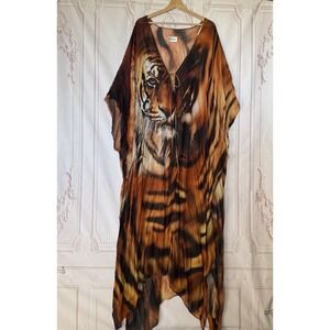Roberto Cavalli Tiger Print Silk Kaftan in Brown and Black